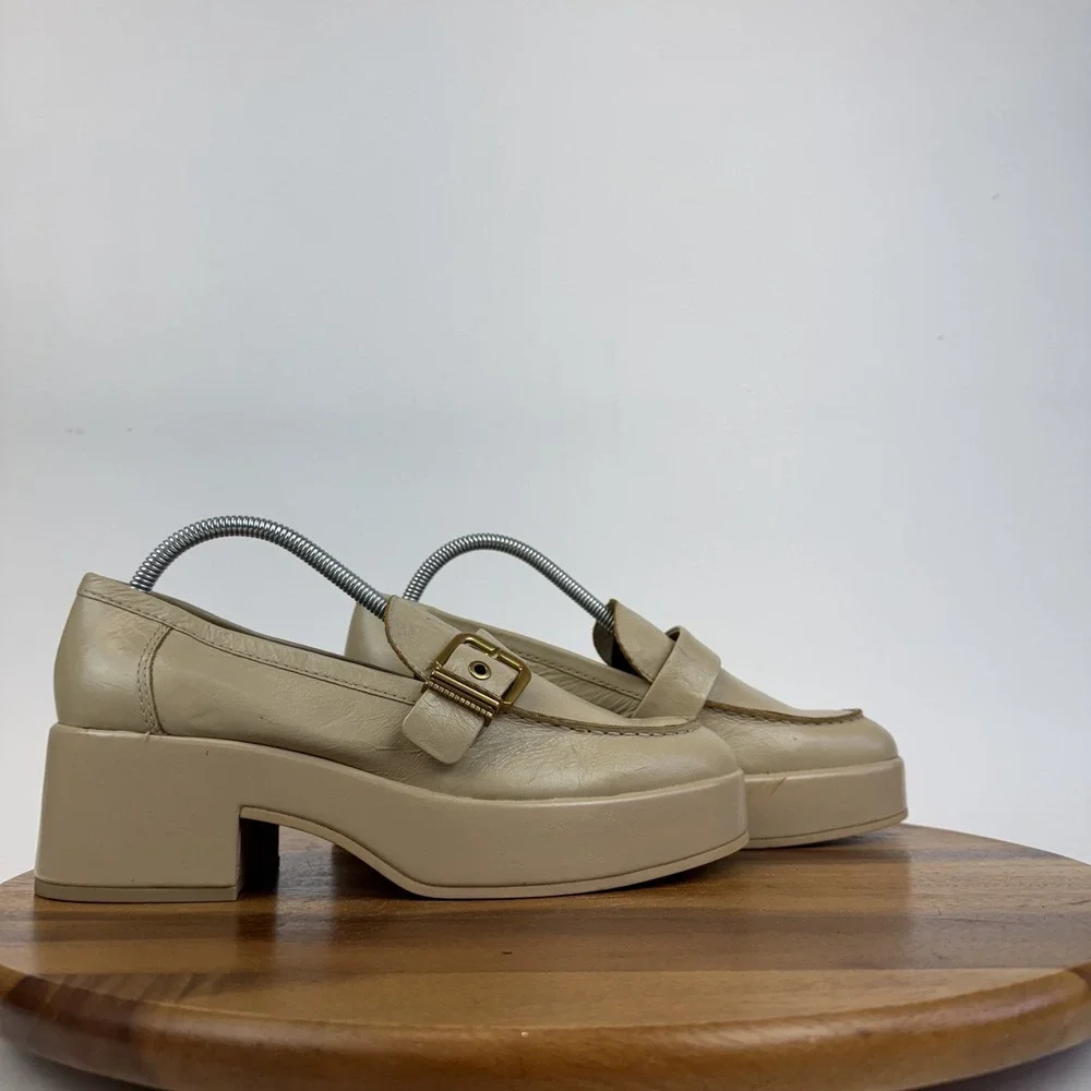 New Womens Dolce Vita Yonder Beige Leather‎ Platform Heeled Loafers Size 9.5 M